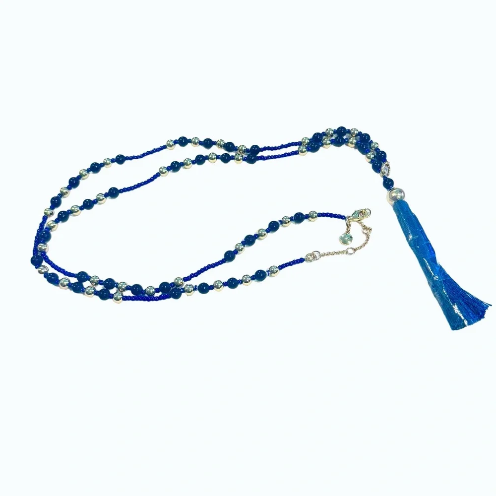 J. CREW BLUE AND GOLD BEADED NECKLACE WITH BLUE TASSEL - NWOT
